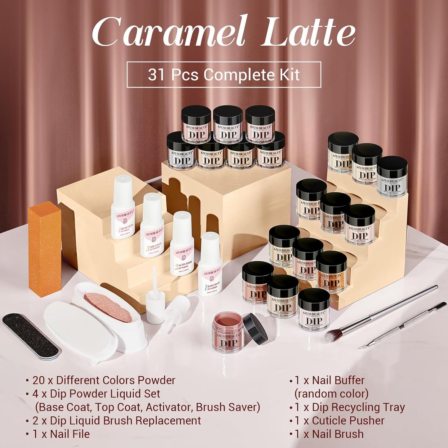 AZUREBEAUTY 31 Pcs Dip Powder Nail Kit 20 Colors Glitter Nude Brown Pink White Gray Dip Powder Liquid Set with Top/Base Coat Activator for French Nails Art Manicure DIY Salon Women Valentine's Gift