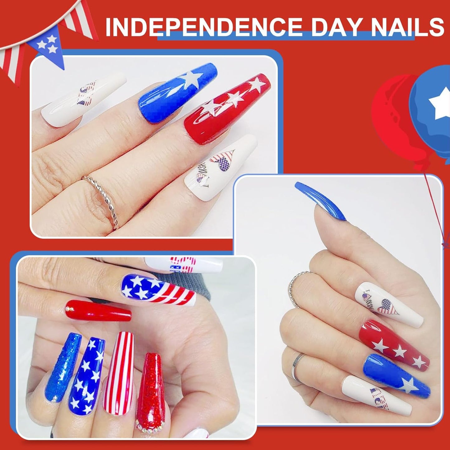 Honey Joy Dip Powder Nail Kit Starter,4 Colors Red White and Blue Nails Fourth of July Firework Dipping Powder Liquid Set with Base Top Coat for Nail Art Manicure Salon DIY, Dip-7pcs-12