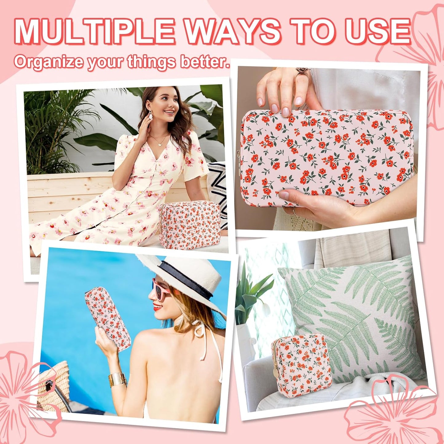 Waterproof Large Floral Makeup Pouch,Nylon Travel Toiletry Storage Purse Preppy Cosmetic Bag for Women Girl,Large Capacity Makeup Organizer Zipper Pouch for Work(L Pink-Flowers)