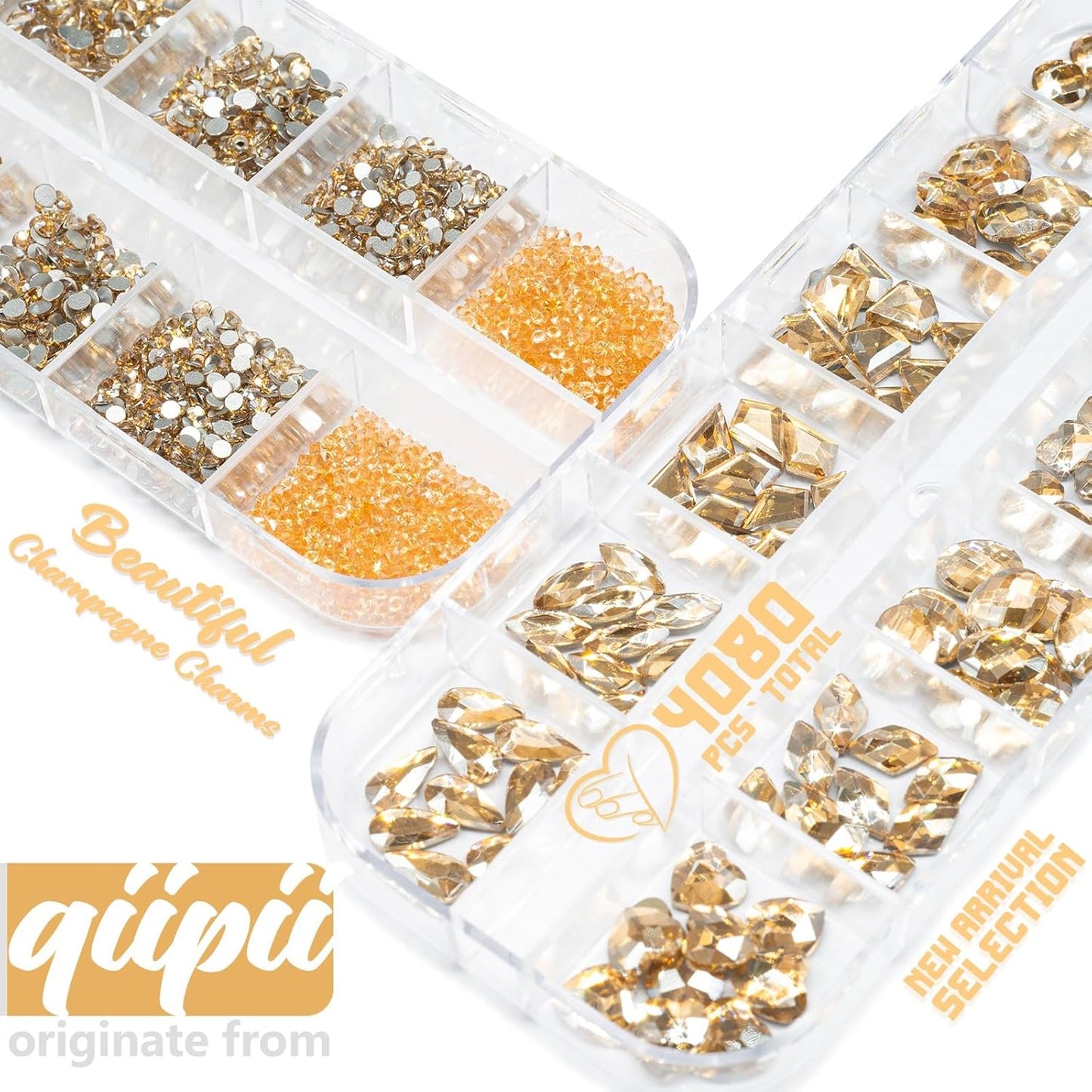 4080Pcs Gold Nail Rhinestones, More Quantity 1.5-4mm Mini Flatback K9 Glass Crystal & 3D Multi Shapes Gems, Champagne Gold Gems Round Stones Diamonds jewels Gemstones for Nail Face Eyes Makeup