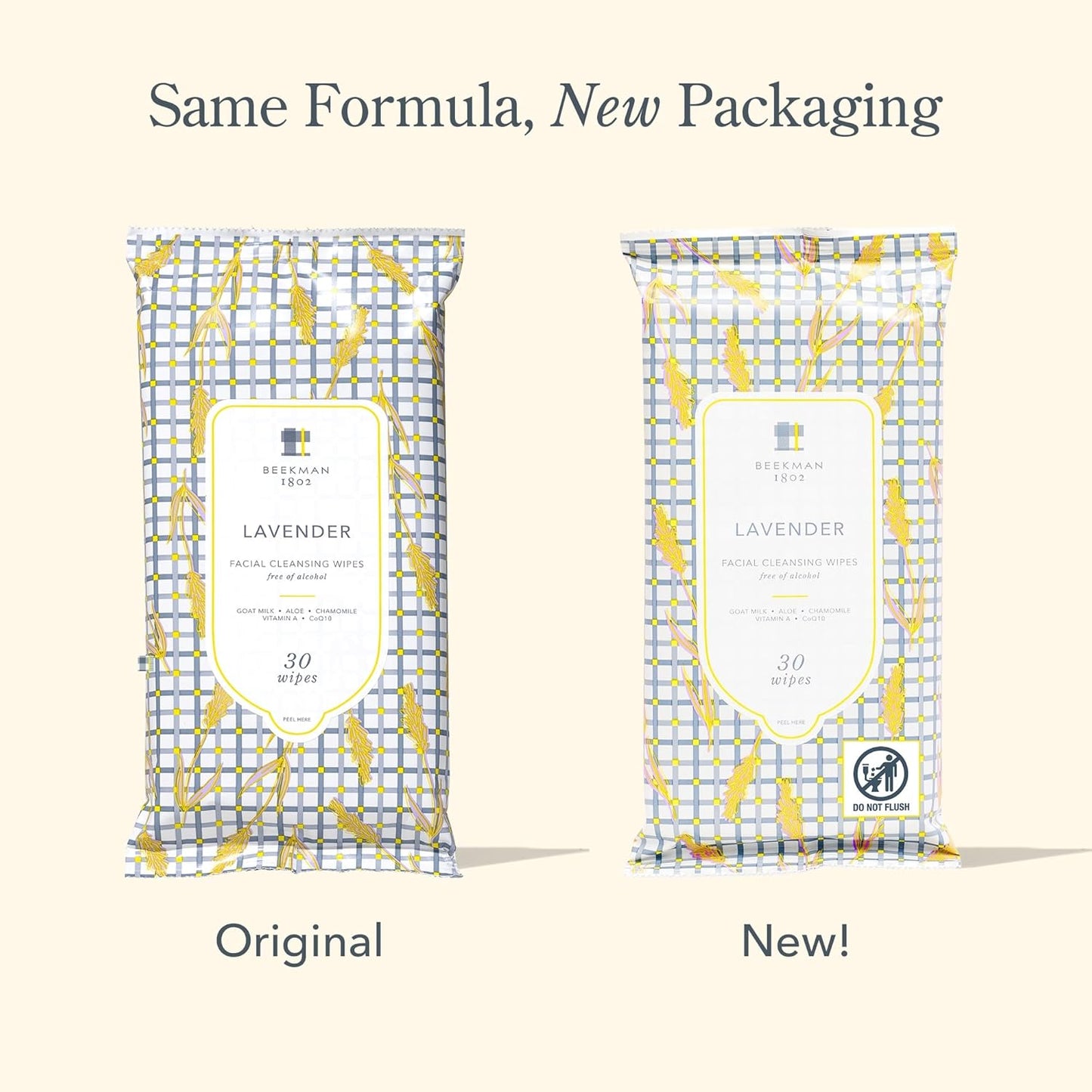 Beekman 1802 Face & Body Wipes, Lavender - Scented - 30 Count - Cleanses - With Goat Milk, Aloe & Vitamin E - Alcohol Free, Biodegradable - Good for Sensitive Skin - Cruelty Free