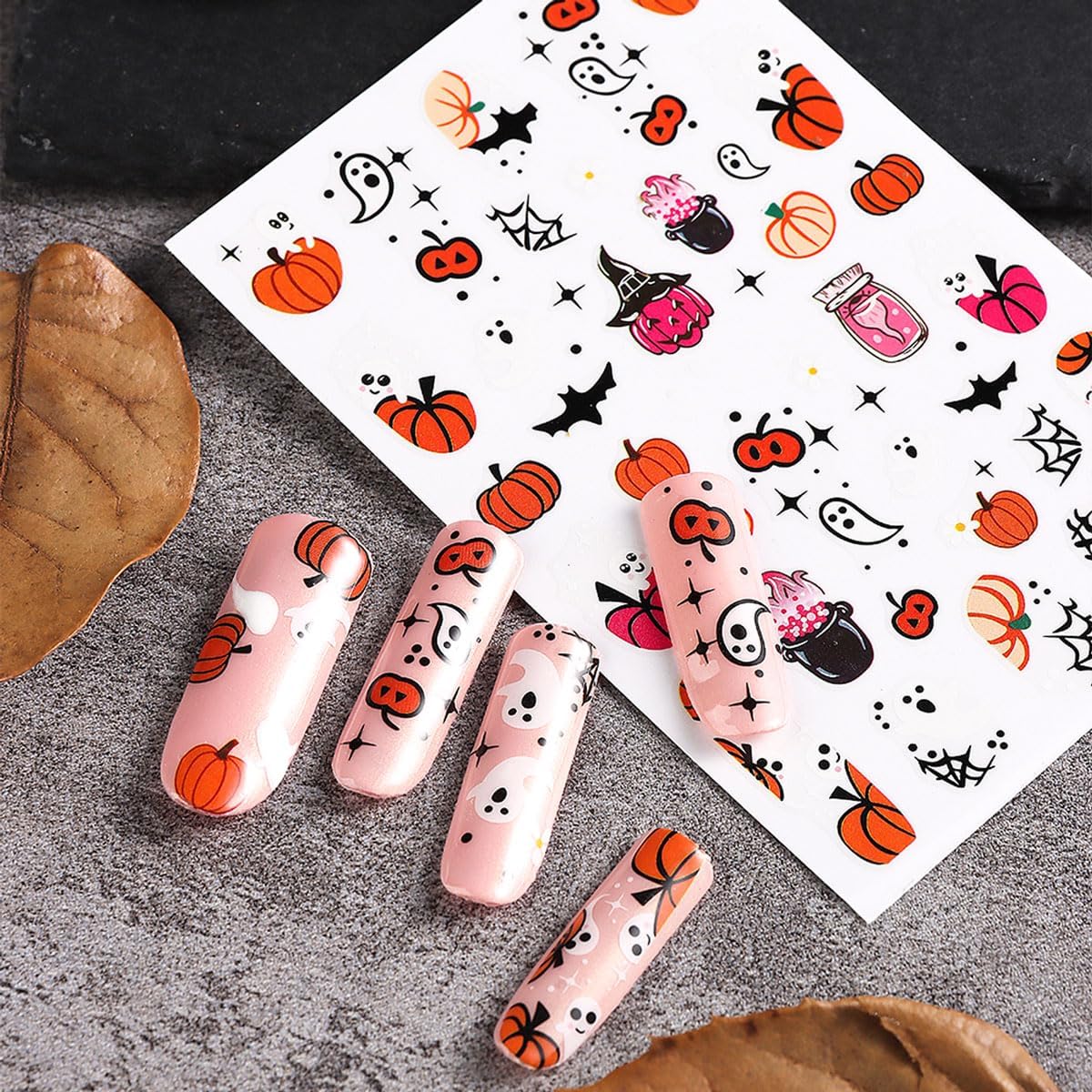 12Pcs Halloween Nail Stickers - 3D Self-Adhesive Halloween Nail Decals - Pink Ghosts Skull Pumpkin Nail Design Decorations for Halloweens DIY Manicure Supplies