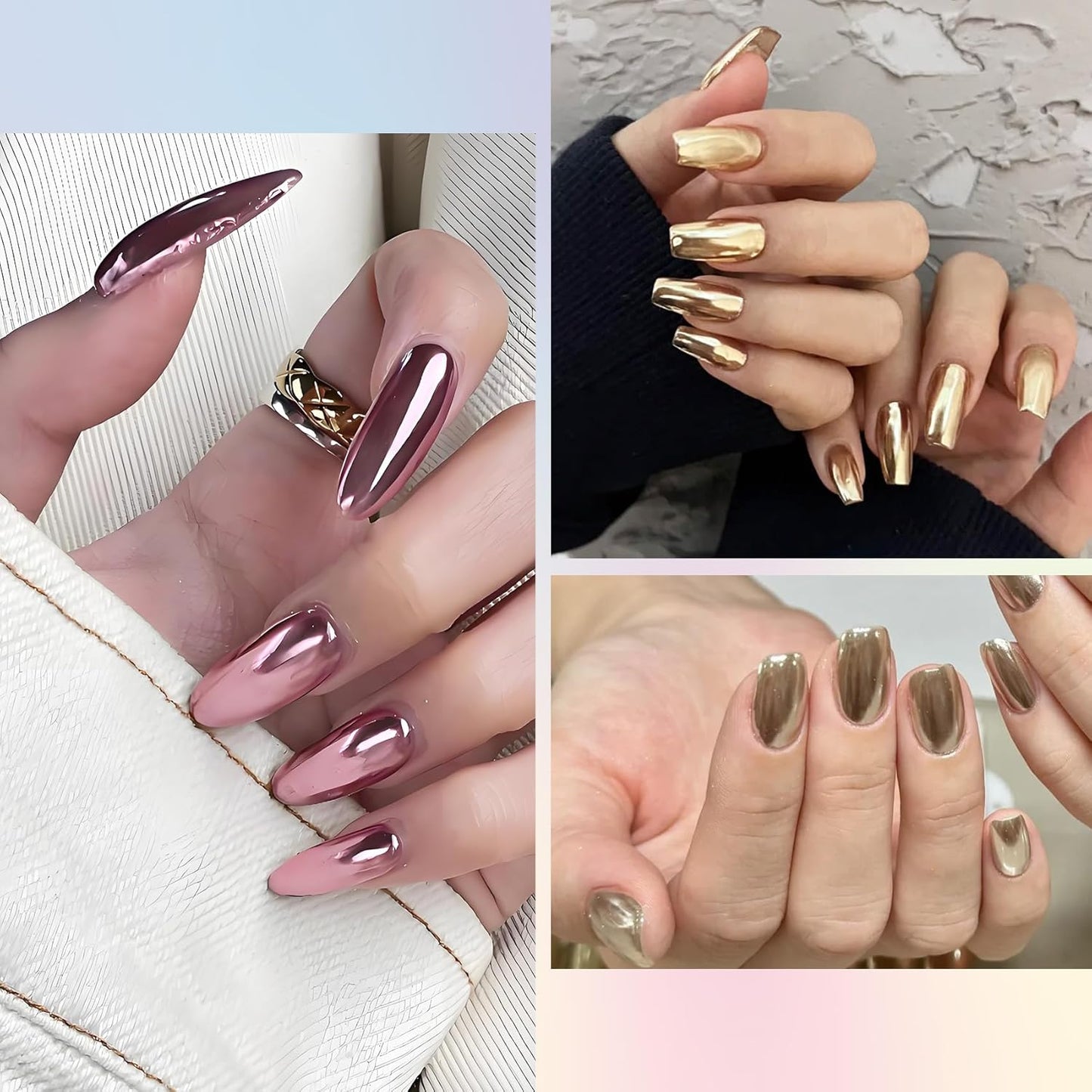 Chrome Nail Powder Kit: 10 Jars 8 Colors Metallic Mirror Effect 2 Colors Holographic Aurora Chameleon Nail Art - 1g/Jar Silver Pink Gold Purple Chrome Powder for Nails