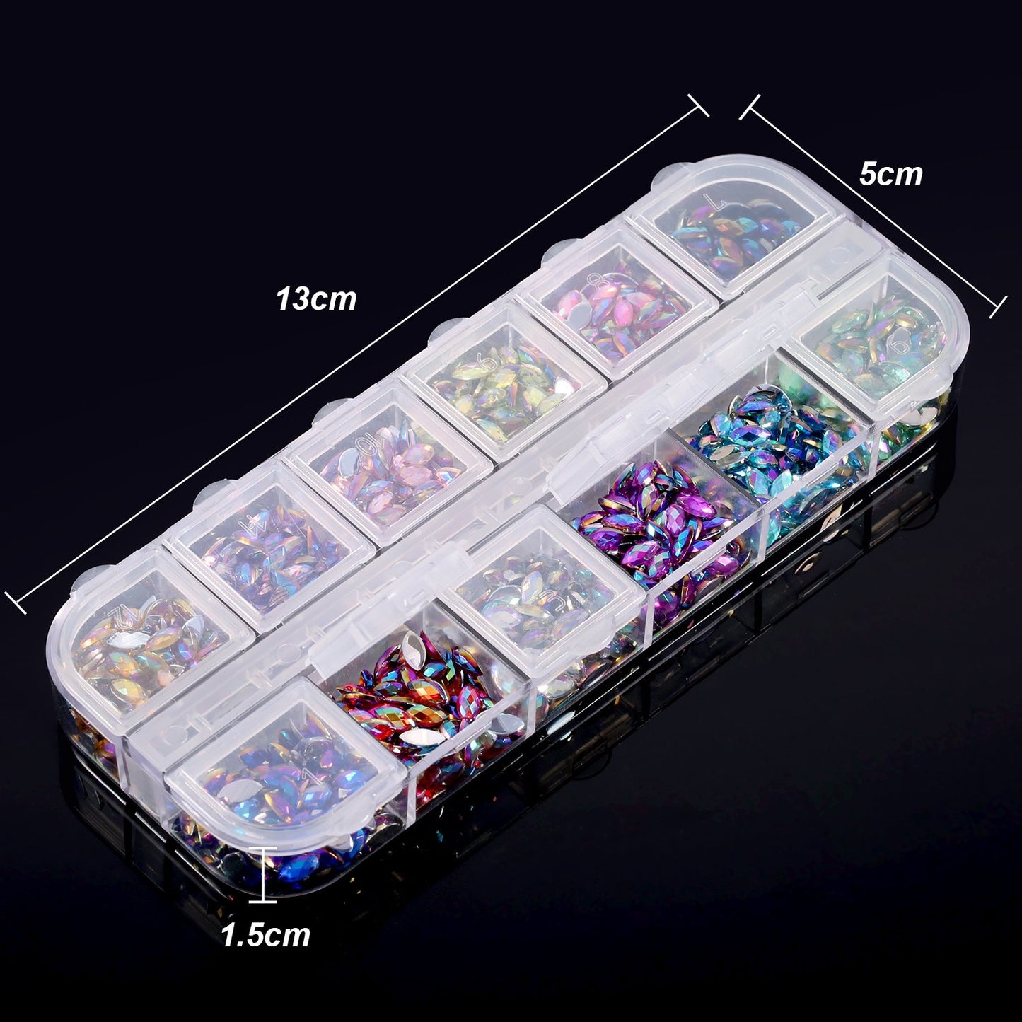 TecUnite 1200 Pieces 12 Colors Shiny Nail Rhinestones Horse Eye Nail Rhinestones Flat Back Gems Decorations Supplies with Box Face Art Gem Jewel for Halloween Party Decorations Crafts (12 Colors)