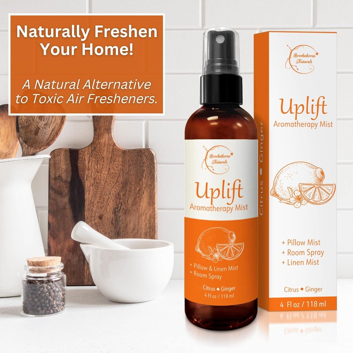 Uplift Aromatherapy Room Spray for Energy Boost. Lemon, Bergamot & Ginger Essential Oil Multi-Use Citrus Spray, Linen Mist, Natural Car Air Freshener & Closet Deodorizer by Brookethorne Naturals