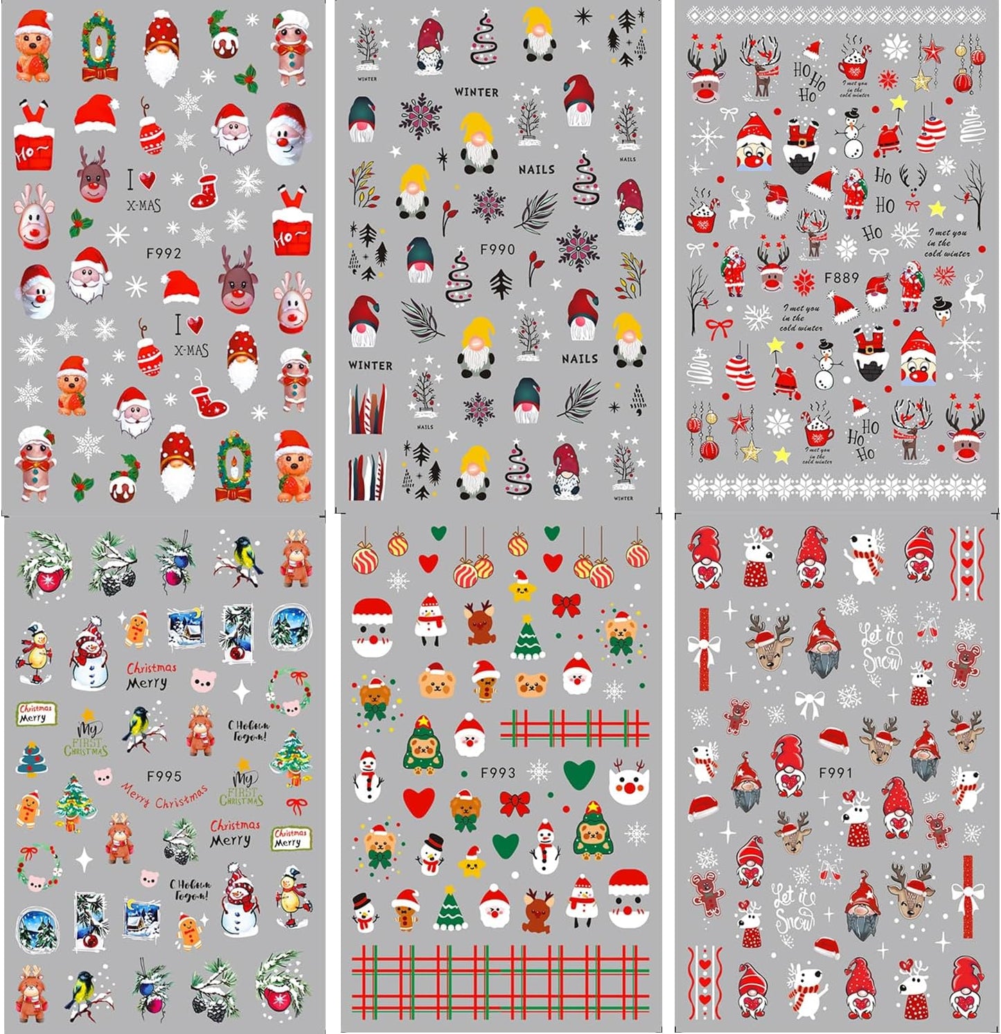 HNUIX Nail Stickers - Christmas 3D, Self Adhesive Nail Decals, Multi Colour Pattern, 10 Sheets, for Nail Art