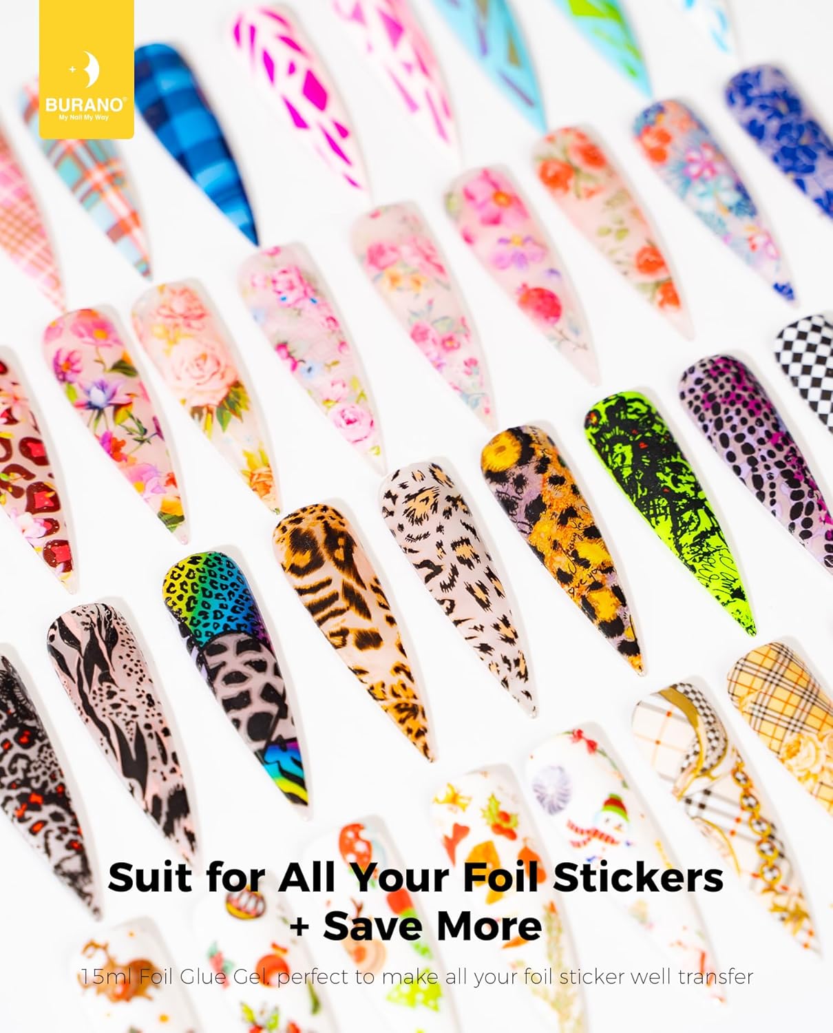 BURANO Nail Art Nail Foil Glue Gel, o.5 oz with 10PCS Foil Stickers Set Nail Foil Glue for Nails Foil Transfer Gel, Nail Design DIY UV LED Lamp Required (Design Foil 17)