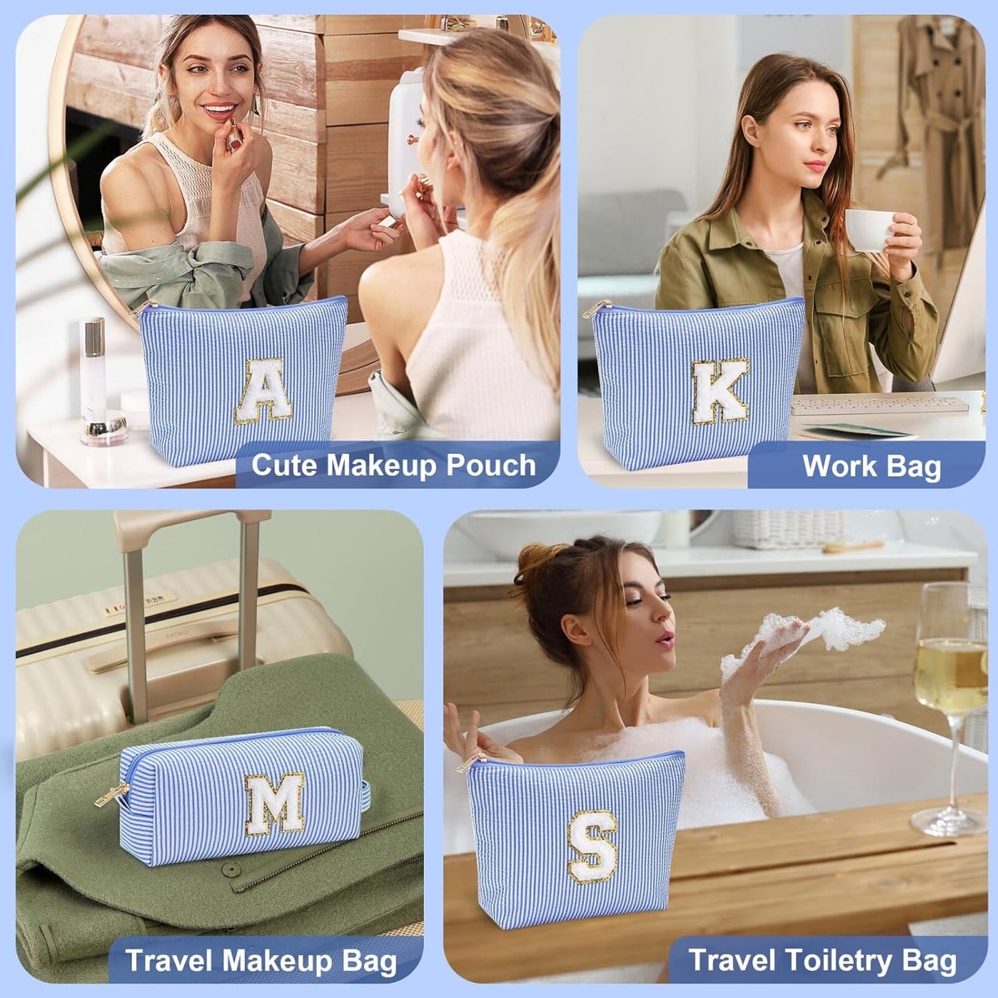 YOOLIFE Cute What Makes Up Bag - Blue Cotton Travel Essentials Cosmetic Beauty Graduation Engagement Personalized Thank You Gift For Women, Friend, Sister