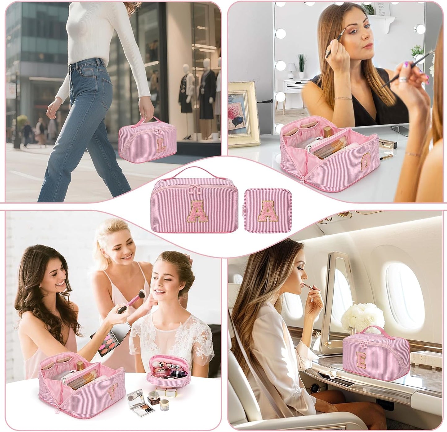 Travel Makeup Bag for Women, 2Pcs Portable Personalized Initial Makeup Organizer Bag, Open Flat Large Cosmetic Bag With Travel Essential Pouch (Pink Letter B)