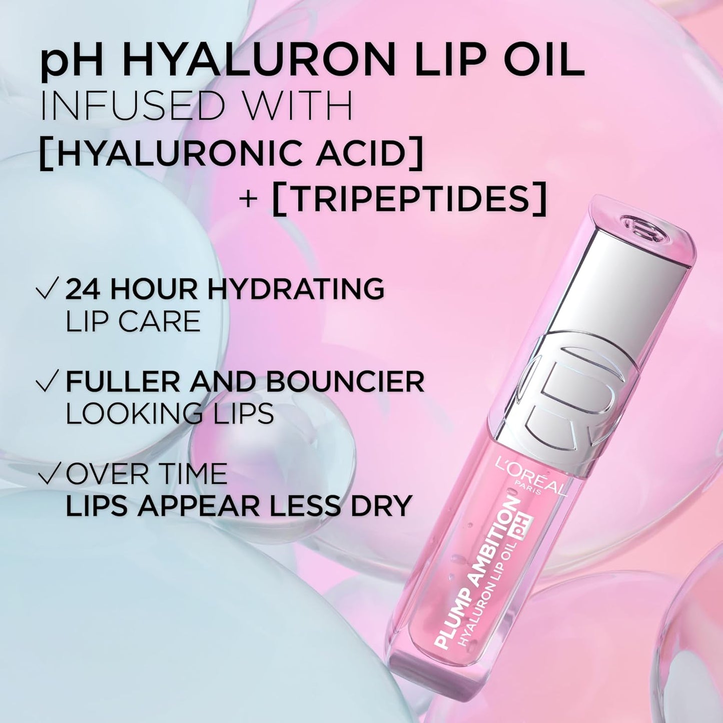 L'Oreal Paris Plump Ambition pH Hyaluron Lip Oil, Color Shifting Lip Tint with 24HR Hydration, Volumizing Shine and Lasting Color, 050 pH Lilac