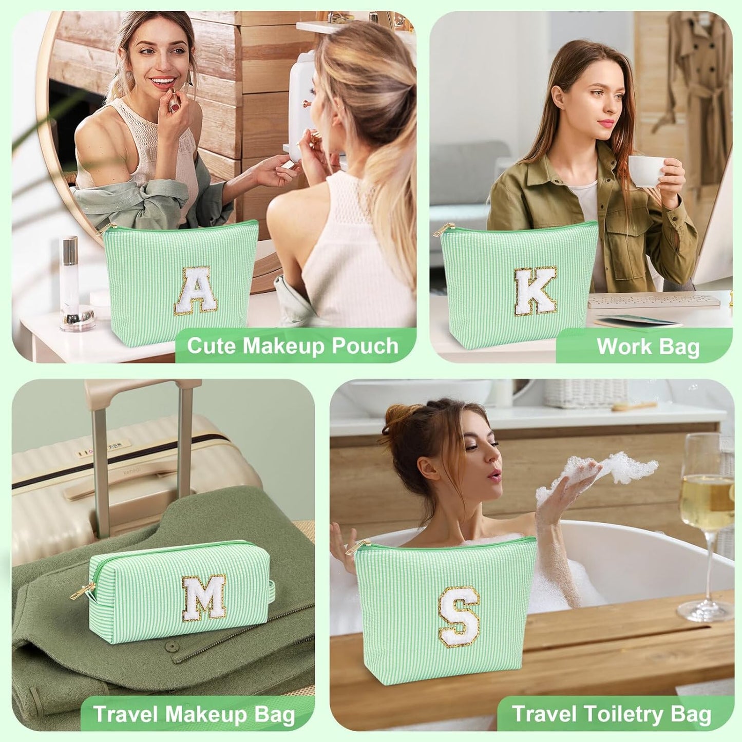 YOOLIFE Initial Makeup Bag for Women Girls - Skin Care for Teens 10-12 | Make Up Bag | Gifts for Women | Graduation Gifts | Mothers Day Gifts | Tween Girls Trendy Stuff Daughter Friend Gifts M, Green