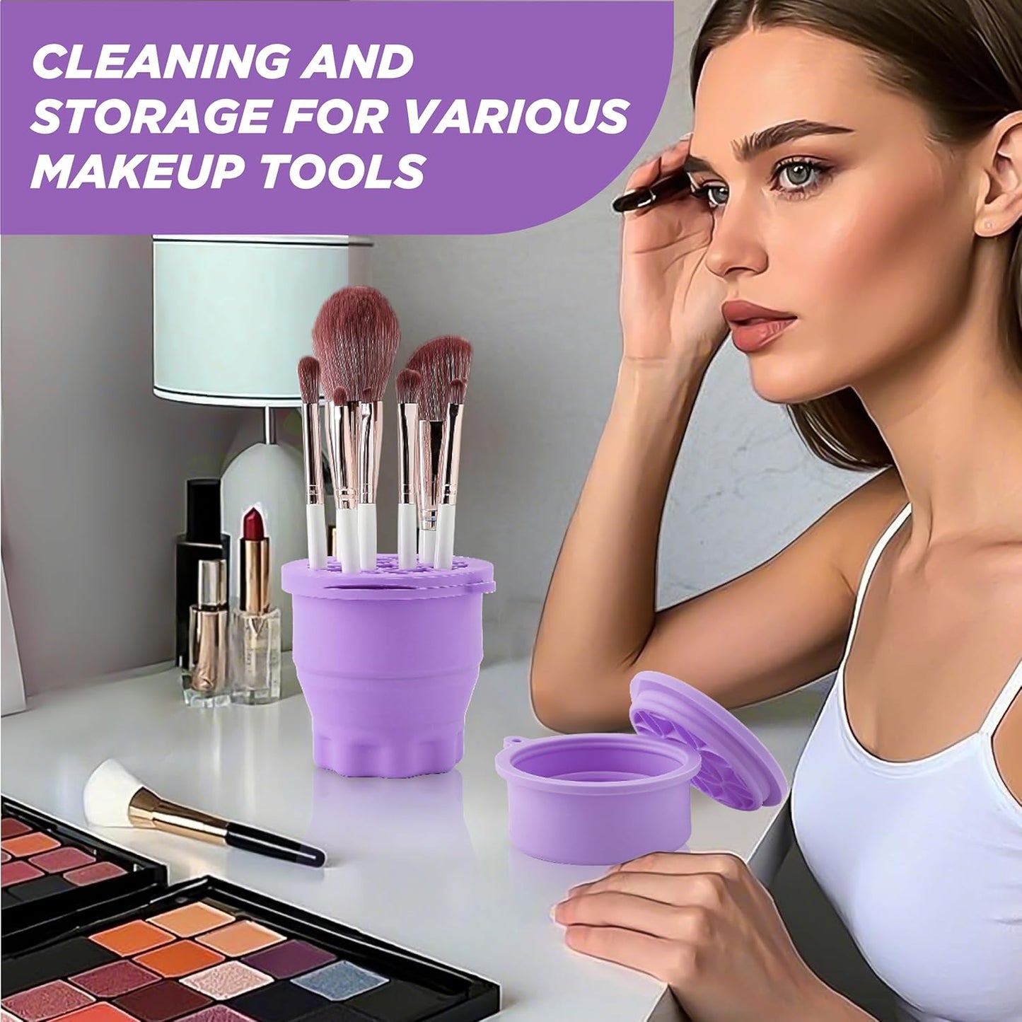 Makeup Brush Cleaner - Foldable Silicone Makeup Brush Cleaner Mat with Brush Storage Holder Makeup Brush Cleaning Bowl Cosmetic Brush Washing Tool for Cleaning Organizer and Drying (Purple and Purple)
