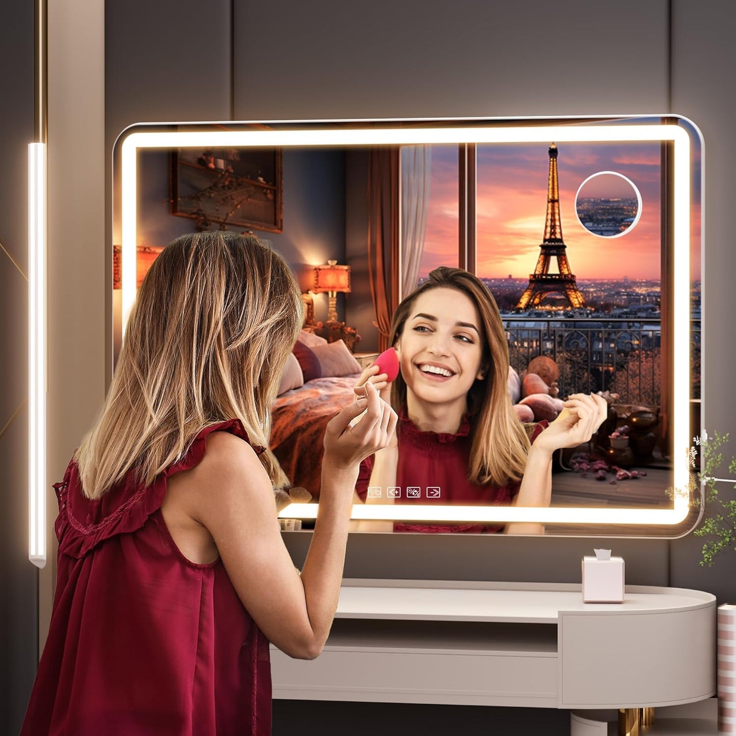 Hasipu Vanity Mirror with Lights and Bluetooth Speaker, 32" x 21.7" LED Makeup Mirror, Lighted Makeup Mirror with Dimmable 3 Modes, USB Charging Port, Round White