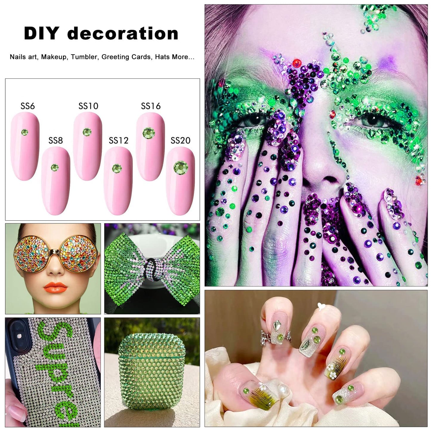 4240Pcs Light Green AB Flatback Rhinestones 6 Sizes Crystal Diamonds for Nail Art Crafts Clothes Shoes with Tweezers and Picking Pen
