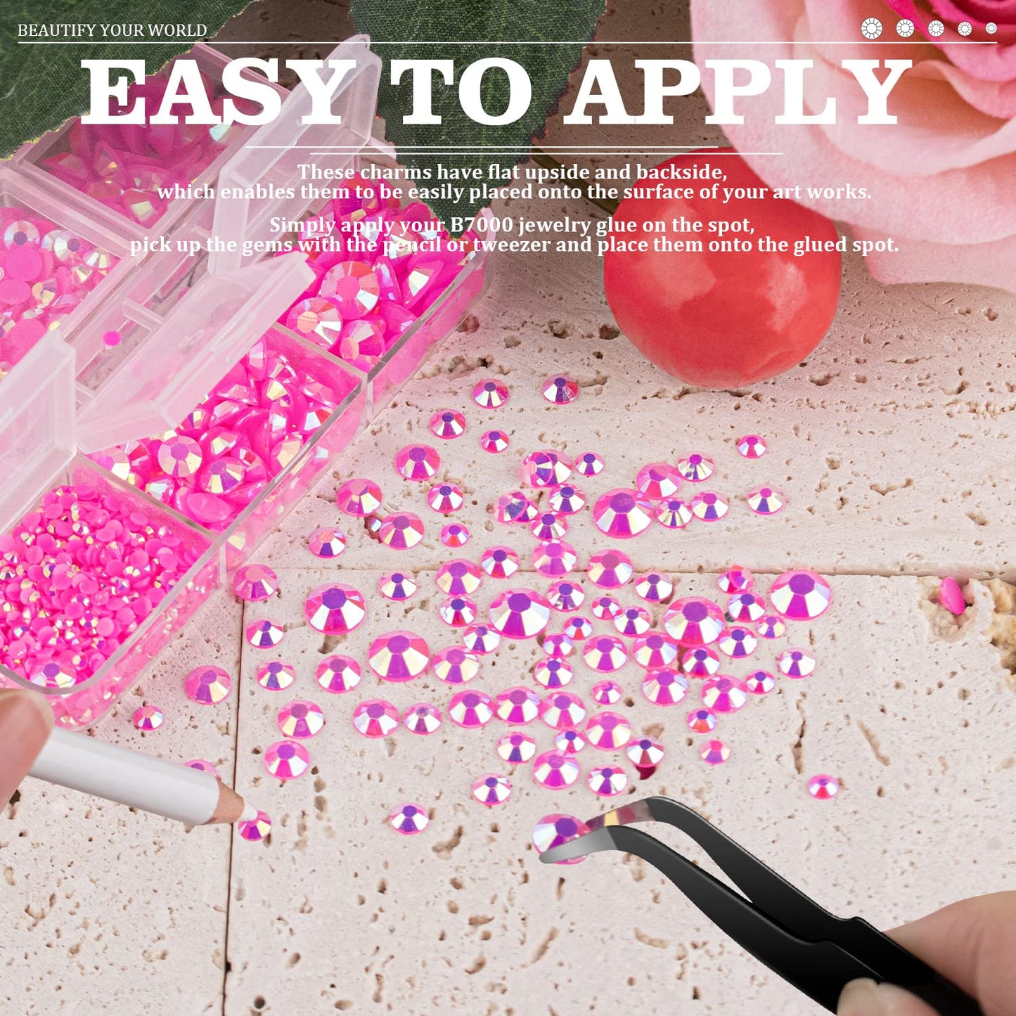 Resin Rhinestones Crafting, 2/3/4/5/6mm Flatback Jelly Rhinestones, 2 Boxes Hot Pink AB Non Hotfix Crystal Gems for Bedazzling Crafts Mugs Tumblers Clothes Makeup Nail