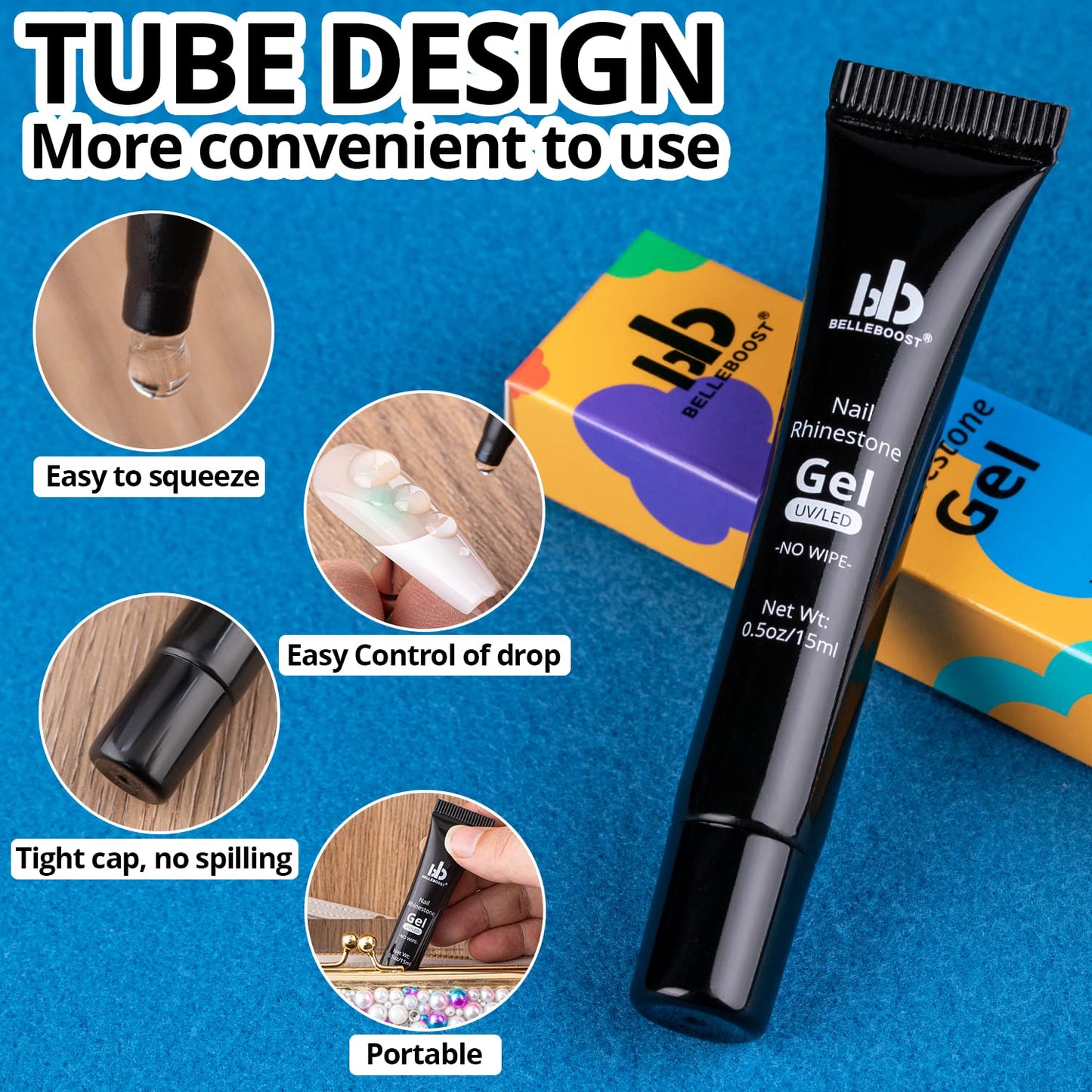 Nail Art Rhinestone Glue Gel&2 Boxes Flatback Gems Kit, 1 Tube of 15ml Rhinestone Gel Glue+Round AB&Clear Gems+Flat-Back Half Round White&Beige Pearls with Pickup Tools