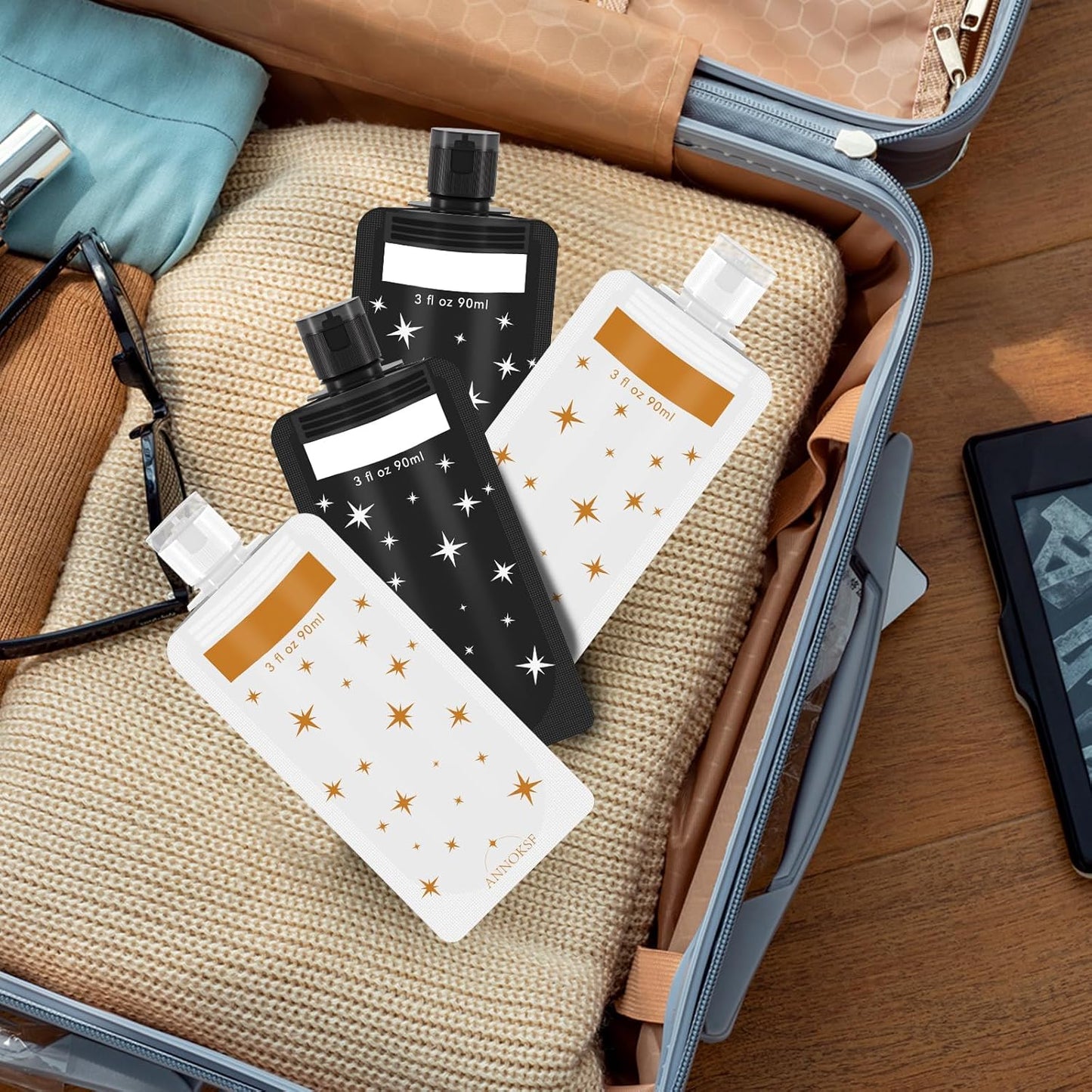 Travel Pouches for Toiletries 18 Pack - Leak-Resistant 3 oz Liquid Containers, TSA Approved Star Pattern Shower Gel & Cosmetic Bags (Black & White)