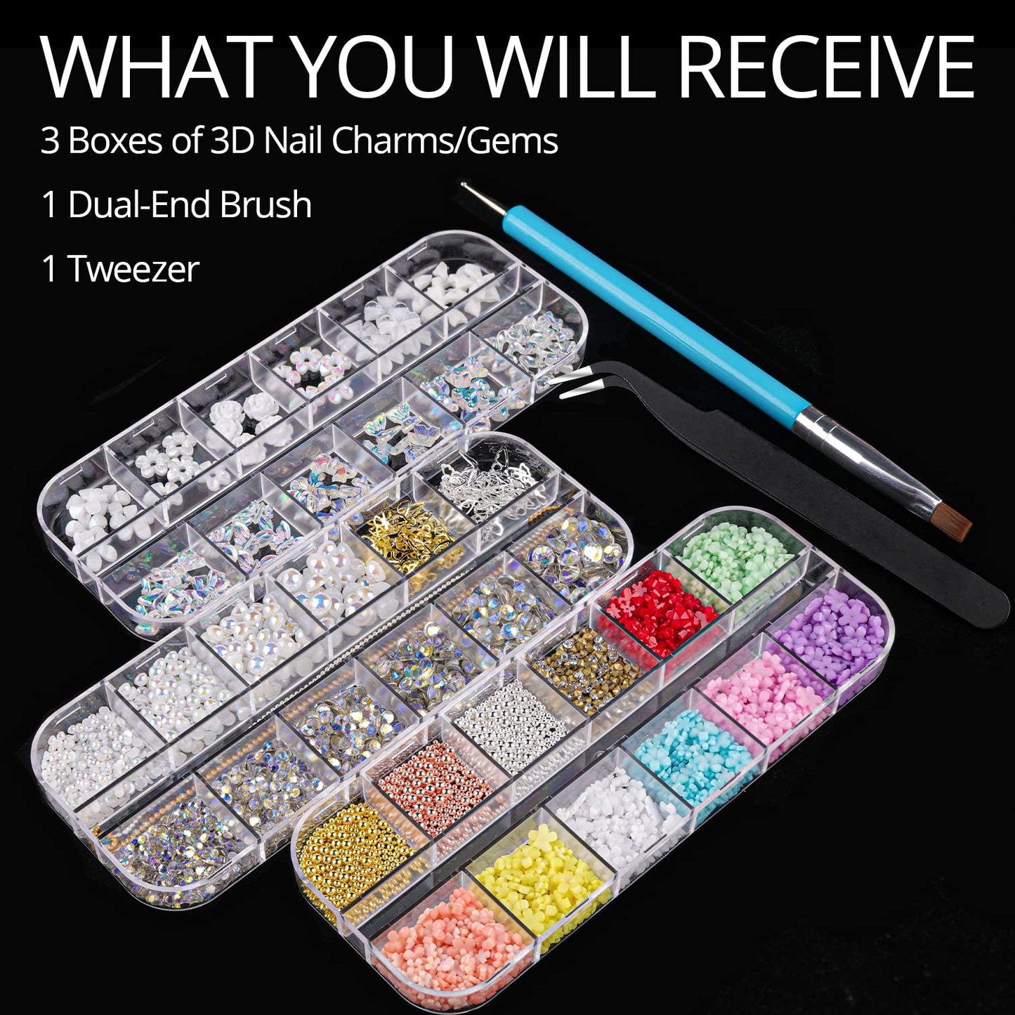Mixed 3D Nail Art Gem Decoration Accessories Kit #1, Aurora Bear Bow Butterfly Starry AB Rhinestone Charm Jewelry for Deco, Pearl Flower Caviar Bead Stone Crystal with Dual-End Brush and Tweezer
