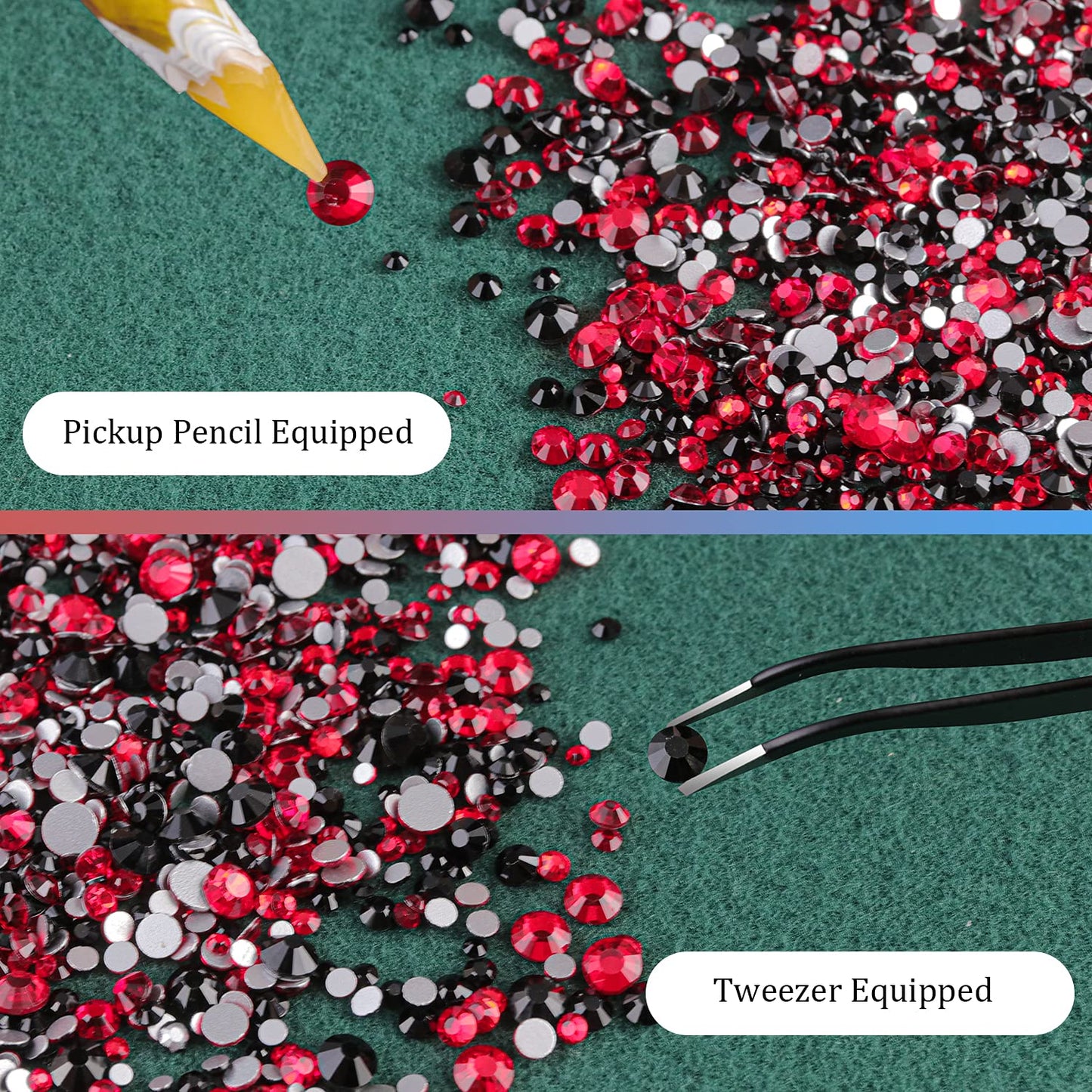 3440PCS 6 Sizes Black and Red Glass Crystal Kit with Pickup Pen + Tweezer Tools for Iridescent Shine Nail Art Manicure Makeup DIY Deco Flatback Round Bead Rhinestone Gem Jewelry Diamond