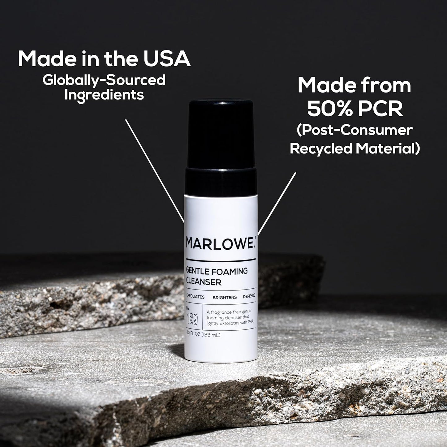 MARLOWE. No. 129 Gentle Foaming Facial Cleanser 4.5 Oz, Exfoliating, Brightening & Protective Daily Mens Face Wash with PHA, Natural Green Tea Extracts & Antioxidants, Unscented & Vegan