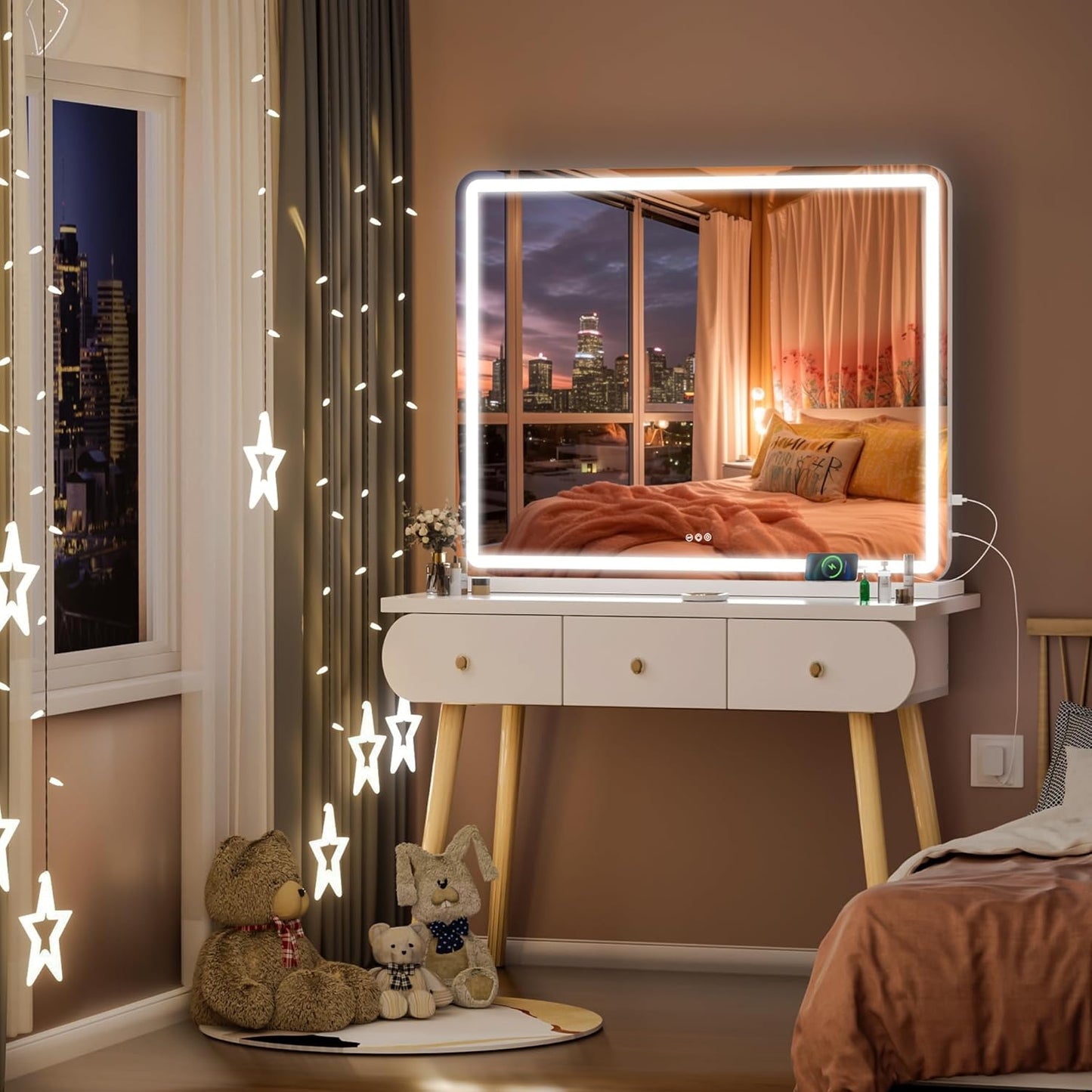 Hasipu Vanity Mirror with Lights, 47.2" x 30" LED Makeup Mirror, Lighted Makeup Mirror with Dimmable 3 Modes, Touch Screen Control Vanity Mirror Round White