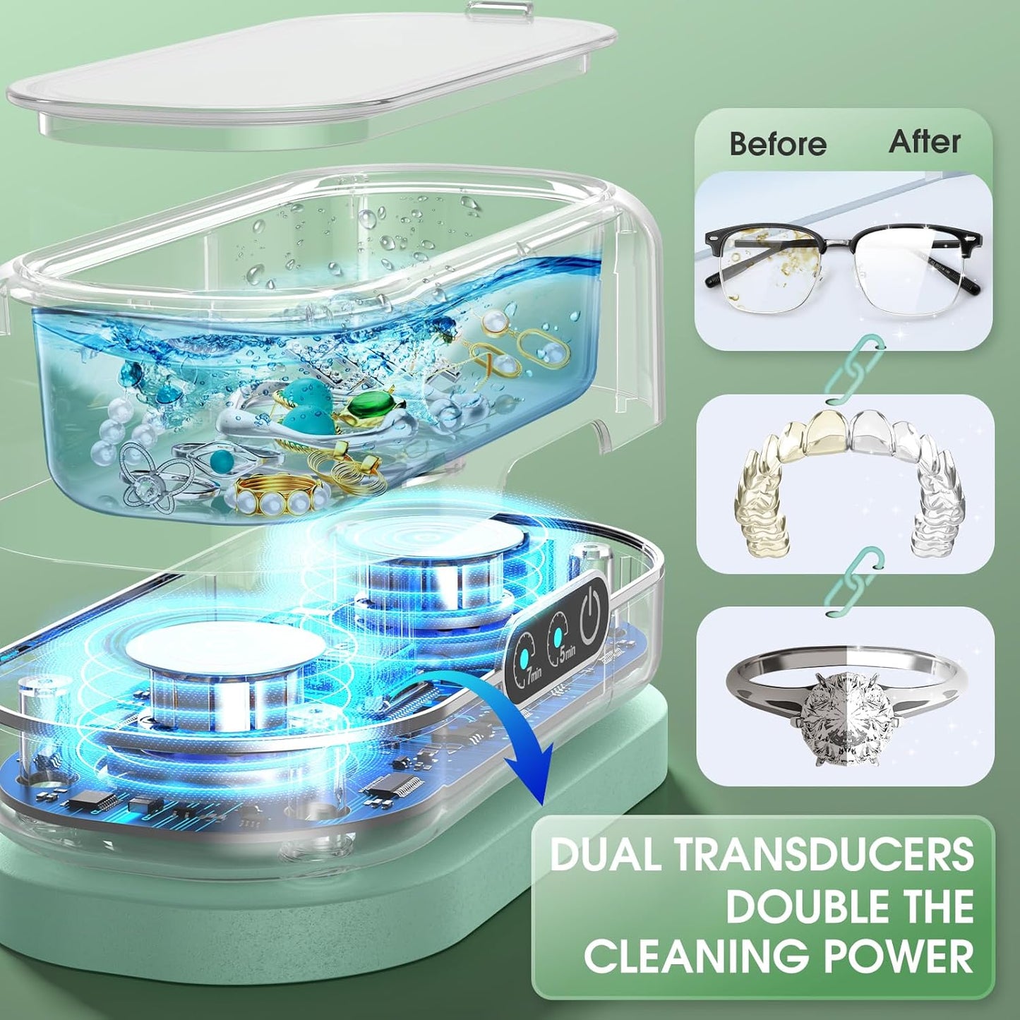 Professional Ultrasonic Jewelry Cleaner with Digital Timer,50KHz Ultrasonic Cleaner Machine with 304 Stainless Steel for Jewelry,Eyeglasses, Rings, Coin, Watch Strap, Dentures, Hygiene Items (Blue)