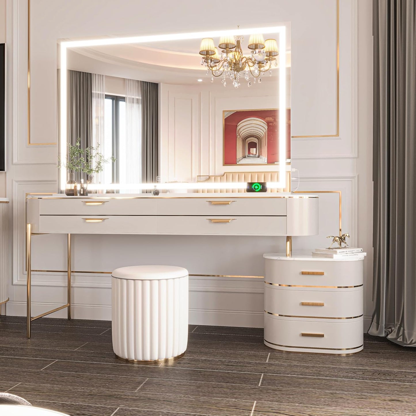 Hasipu Vanity Mirror with Lights and Bluetooth Speaker, 42" x 29.5" LED Makeup Mirror, Lighted Makeup Mirror with Dimmable 3 Modes, Touch Screen Control Vanity Mirror Square White