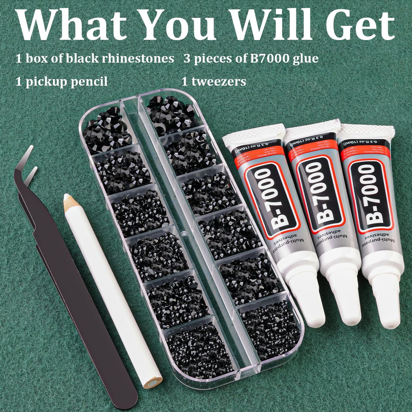 Resin Rhinestones for Crafting with B7000 Jewelry Glue, 1 Box Black Flatback Crystals with 3Pcs 10ml Glue for Bedazzling Crafts DIY Nail Art Makeup,Non Hotfix Gems for Clothing Shoes