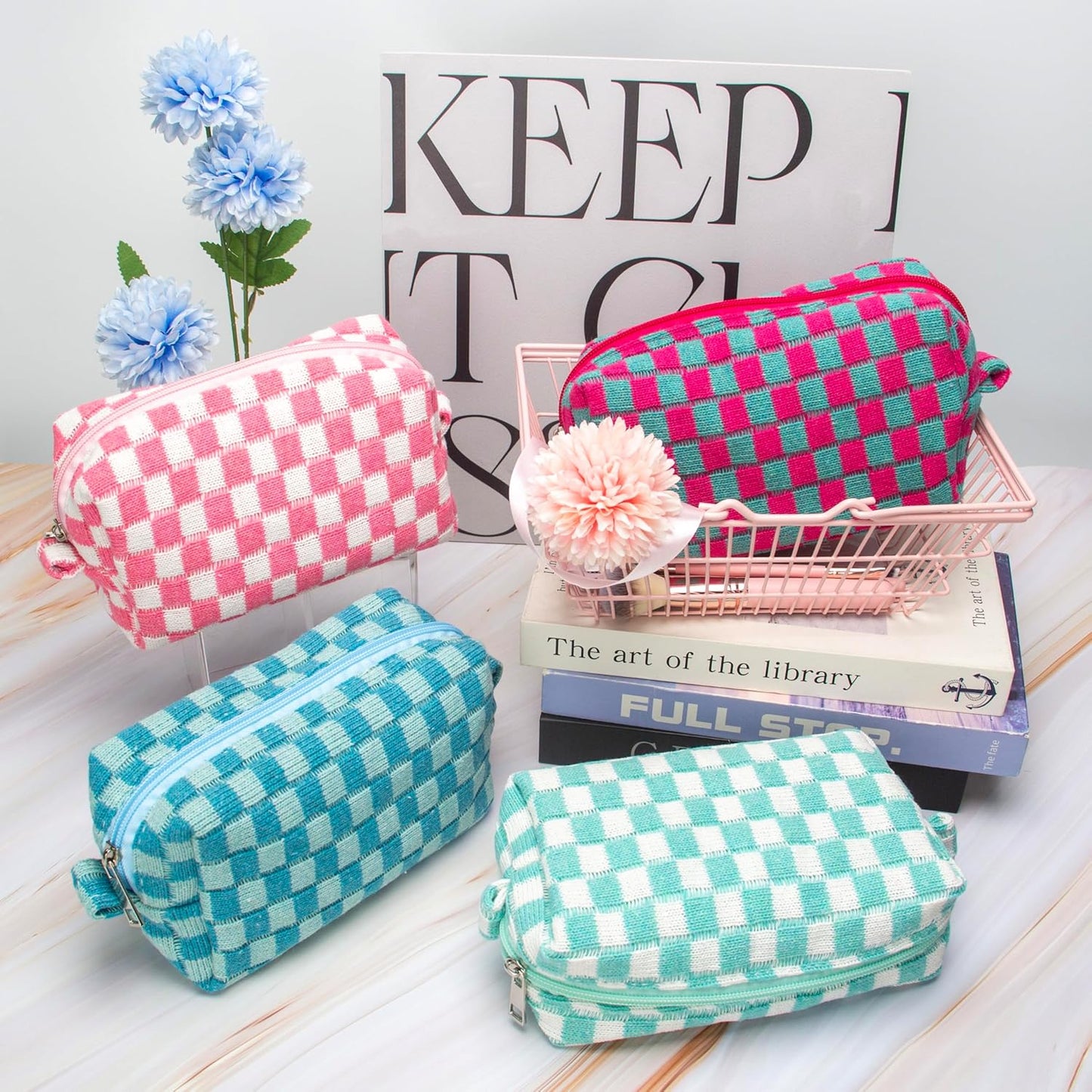 PAZIMIIK Checkered Makeup Bag for Purse Portable Zipper Make Up Pouch Small Cosmetic Case for Travel Accessories (6PCS Pink White)