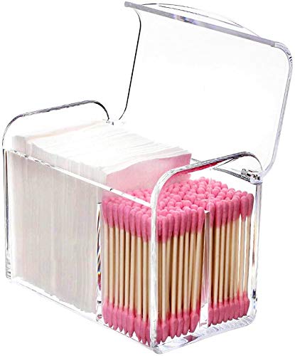 Square Acrylic Cotton Ball Pads Gauze Swab Holder Organizer Q-tip Dispenser Storage Canister Bathroom Container Flossers Box Case (5.6x3.2x4.3 in, 1 Tier, 3 Partitions, Transparent)