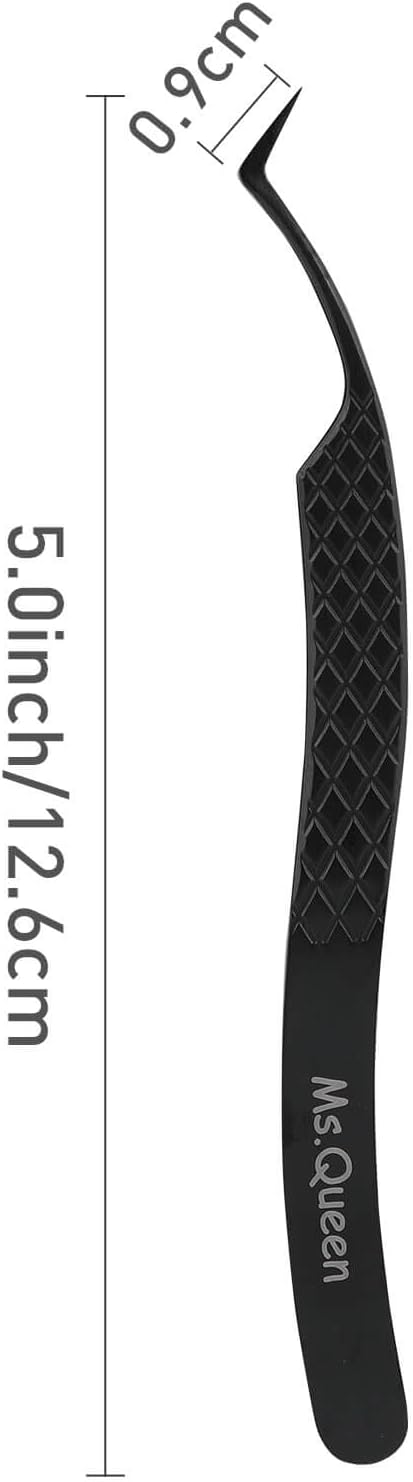 Ms.Queen Tweezers for Eyelash Extensions, Fiber Grip S-Curved Lash Tweezers for Inner Corner,Volume & Classic Lashes,Black