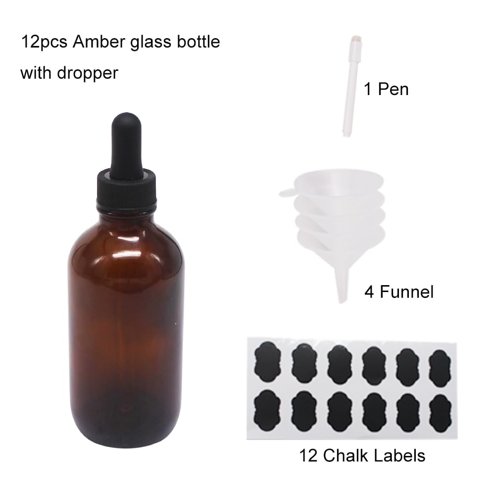 BPFY 12 Pack 4oz Glass Dropper Bottles for Essential Oil 120ml Amber Round Boston Bottle With Black