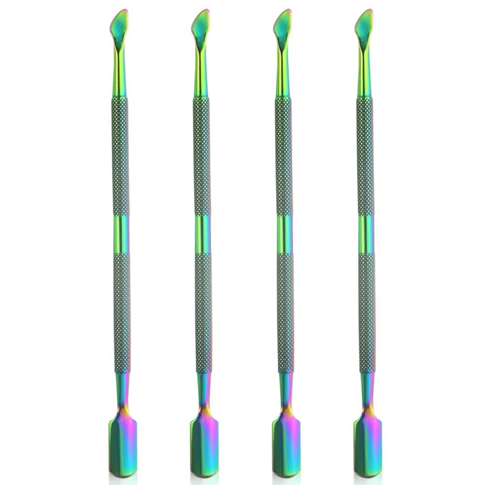 4 Pieces Nail Cuticle Pusher Stainless Steel Nail Polish Cuticle Remover Double Ended Manicure Nail Pedicure Tool Metal Cuticle Peeler Scraper for Fingernails and Toenails (Rainbow)