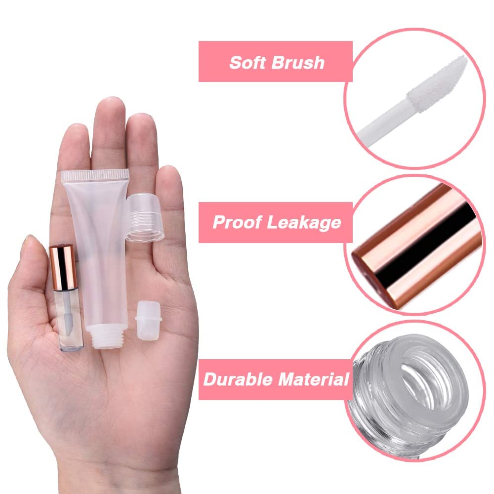 AMORIX 50PCS Mini Lip Gloss Tubes with Wand 1.2ml Empty Lip Gloss Containers Refillable Travel Lip Balm Bottles for Samples with 5ml Syringes DIY Lip Gloss Base + Tag Labels (Rose Gold)