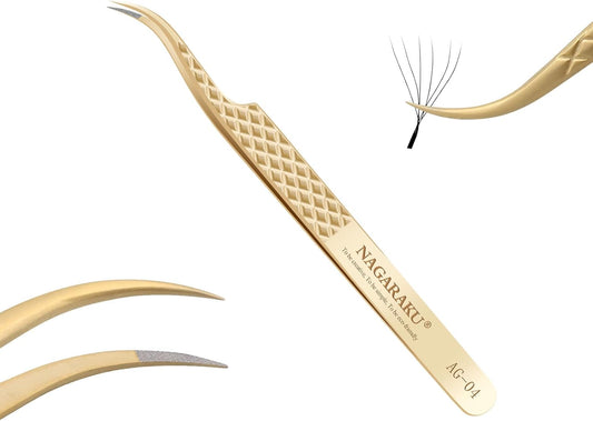 NAGARAKU Precision Fiber Tip Grip Tweezer for Eyelash Extensions Diamond Handle Anti-Static Anti-Slip Premium Gold Stainless Steel Eyelashes Tweezers Supplies with Box(C Curved Tip Tweezer AG-04)