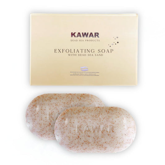 KAWAR Dead Sea Exfoliating Soap with Dead Sea Sand - Salicylic Acid, Magnesium Chloride, Shea Butter, Olive Oil & Tea Tree - Vegan Soap Bar for Men & Women, 4.2 oz (Pack of 2)