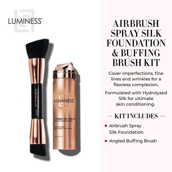 LUMINESS Silk Airbrush Spray Foundation & Buffing Brush Kit – Full Coverage Foundation & Dual-Sided Buffing Brush - Buildable Coverage, Anti-Aging Formula Hydrates & Moisturizes (Shade - Medium)