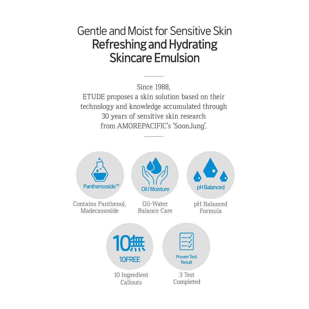 ETUDE SoonJung Moist Emulsion, Sensitive Skin Face Moisturizer, 4.39 fl oz