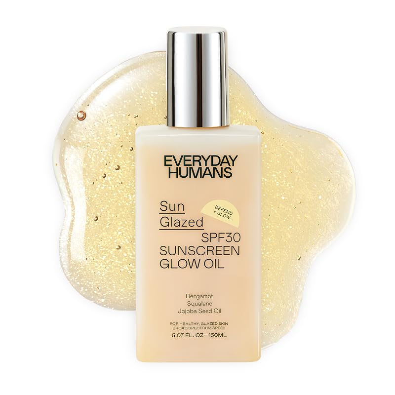 Everyday Humans Sun Glazed SPF30 Sheer Body Glow Oil with Gold Mica | Hydrating Non-Sticky Glowing UV Protection Cruelty Free 5.1 Fl Oz | Bergamot, Squalane, Jojoba Seed Oil | UVA/UVB Broad Spectrum