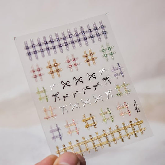 Colorful Grid Bow Nail Art Stickers 3D Embossed Fall Winter Nail Stickers, Self-Adhesive Durable