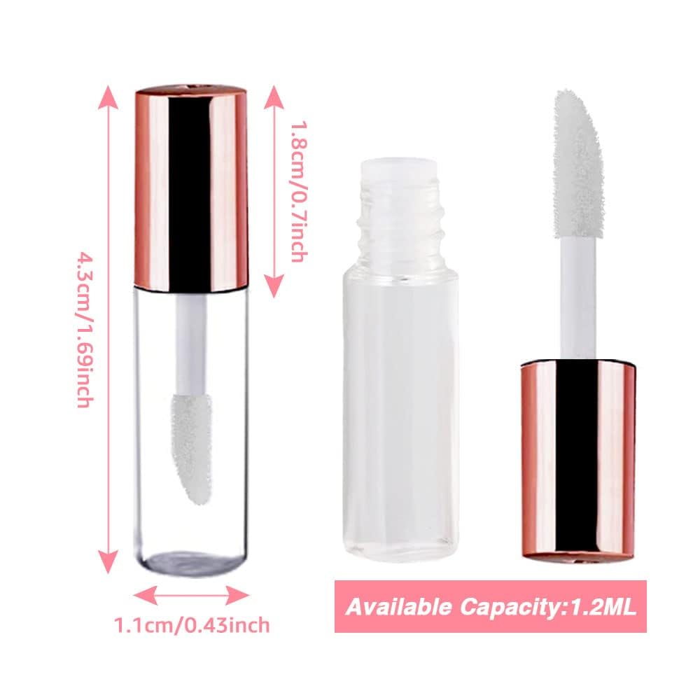 AMORIX 50PCS Mini Lip Gloss Tubes with Wand 1.2ml Empty Lip Gloss Containers Refillable Travel Lip Balm Bottles for Samples with 5ml Syringes DIY Lip Gloss Base + Tag Labels (Rose Gold)