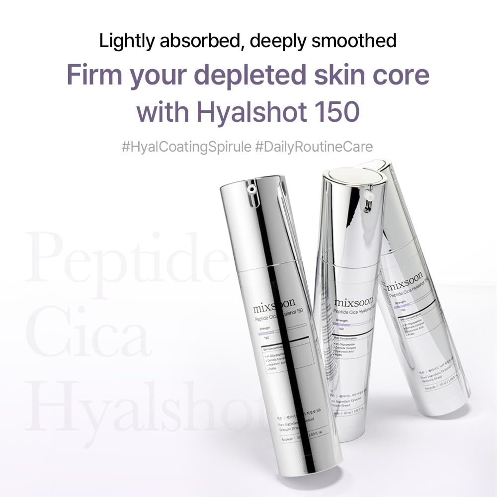 mixsoon Peptide Cica Hyalshot 150, 1.69 Fl. Oz / 50ml Centella Asiatica, Hyaluronic Acid for Sensitive Skin Lightweight & Fragrance-Free Korean Glass Skin Care