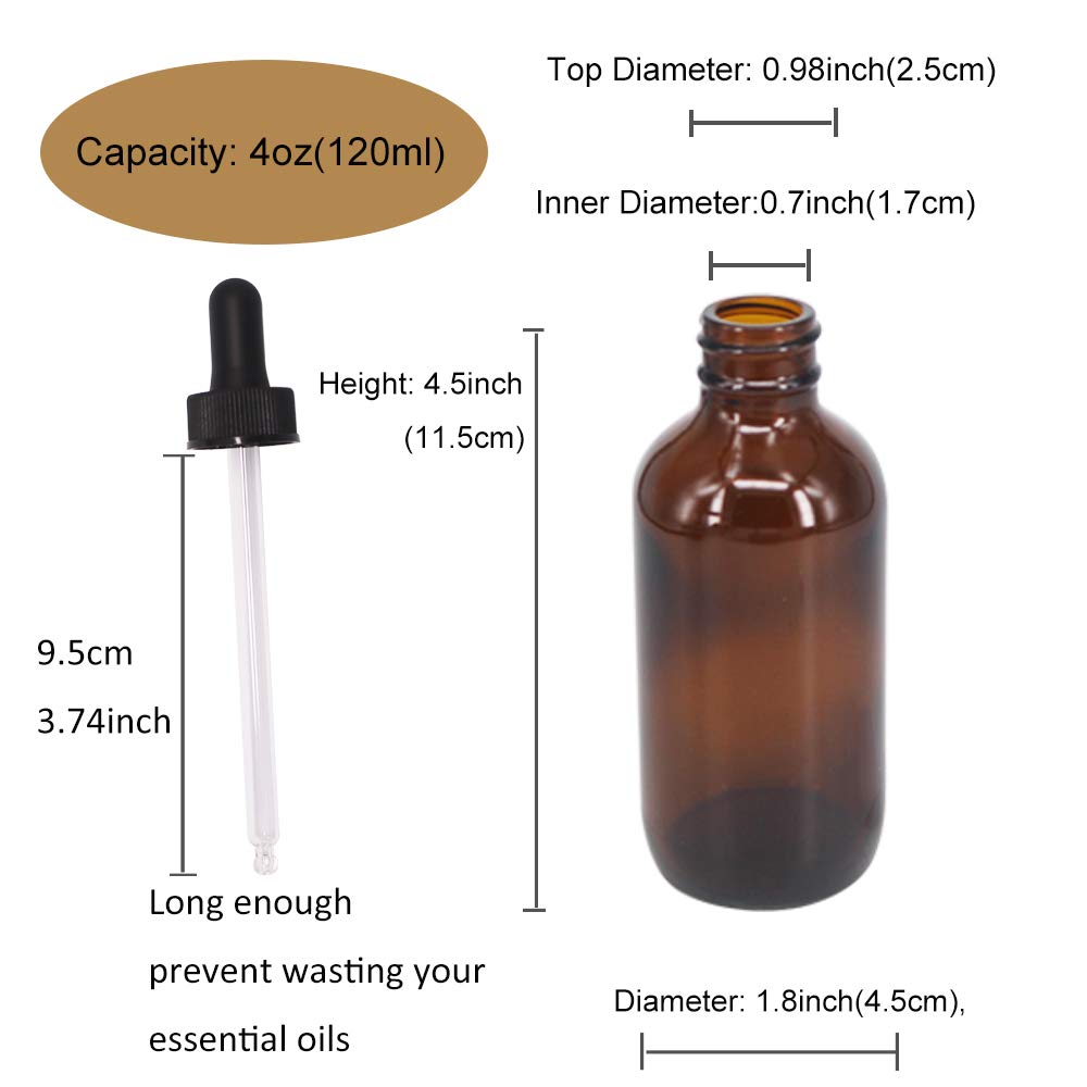 BPFY 12 Pack 4oz Glass Dropper Bottles for Essential Oil 120ml Amber Round Boston Bottle With Black