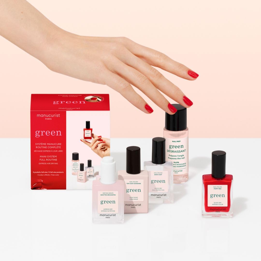 Manucurist System Green™ Red (Poppy Red) - Professional Manicure Set, Vegan & Plant-Based : 1 Nail Prep, 1 Base Coat, 1 Nail Polish, 1 Top Coat, Drying Drops- No Lamp -Beauty Gift For Woman