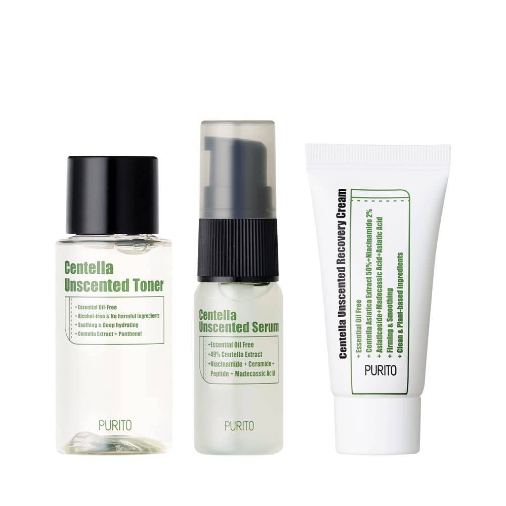 PURITO Centella Unscented line Travel kit (Mini) / Toner 30ml, Serum 15ml, Cream 12ml