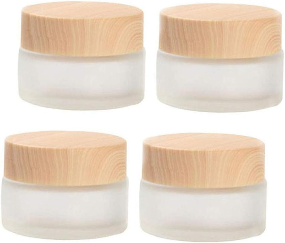 50 Gram/50 ml Empty Sample Jars Round Frosted Glass Bottle Cosmetic Cream Jar Wood Grain Lid Cosmetic Container Glass Cream Box Refillable Cream Pot Jars for Lip Balm Lotion Eyeshadow,4 Pack