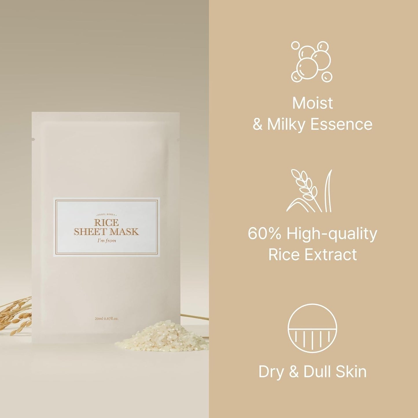 I'm from Rice Sheet Mask Pack of 5, Korean Rice Face Mask, Creamy Hydration for Dry, Combination