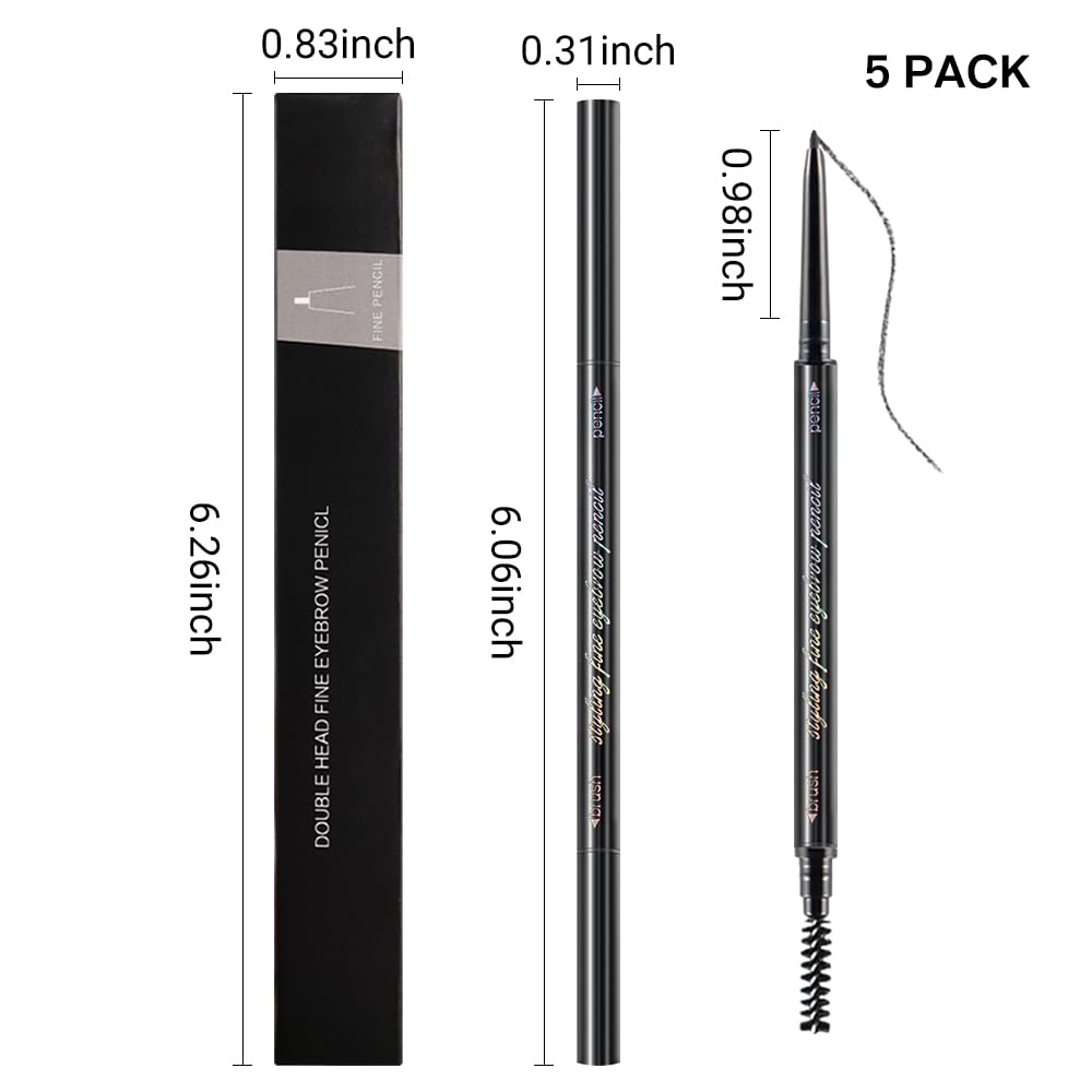 5 Pcs Waterproof Dual-Sided Fine Tip Eye Brow Pencils Pack,Ultra-Fine Mechanical Precise Pencil,Draws Tiny Brow Hairs, Defines, Fills Eyebrows, Shapes, Contours, Combs,1mm Pen Point(Pack of 5)-Gray