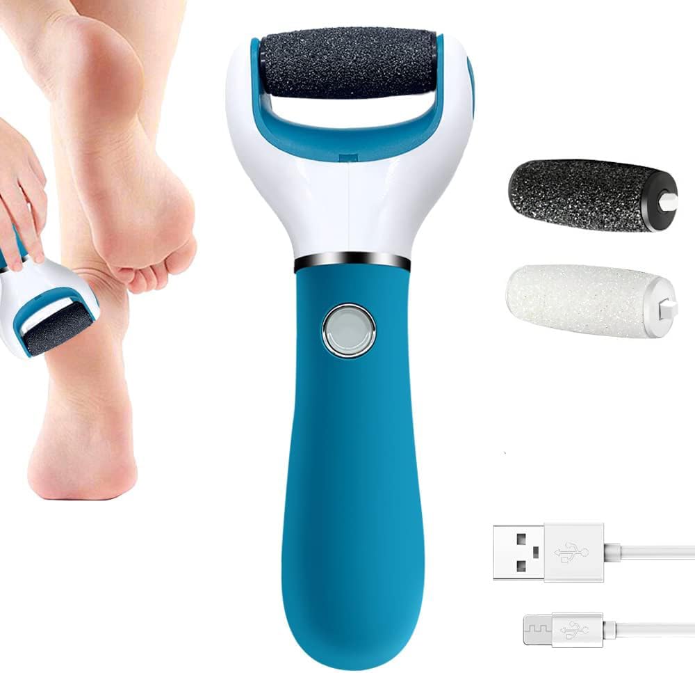 BOMPOW Foot Scrubber Electric Callus Remover Rechargeable Foot File Hard Skin Remover Pedicure Tools Electronic Callus kit for Cracked Heels and Dead Skin with 2 Roller Heads, Blue
