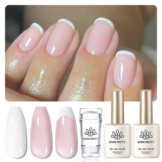 Born Pretty French Manicure Kit, Nail Stamper and 2Pcs Gel Nail Polish, Include Jelly Milky Pink